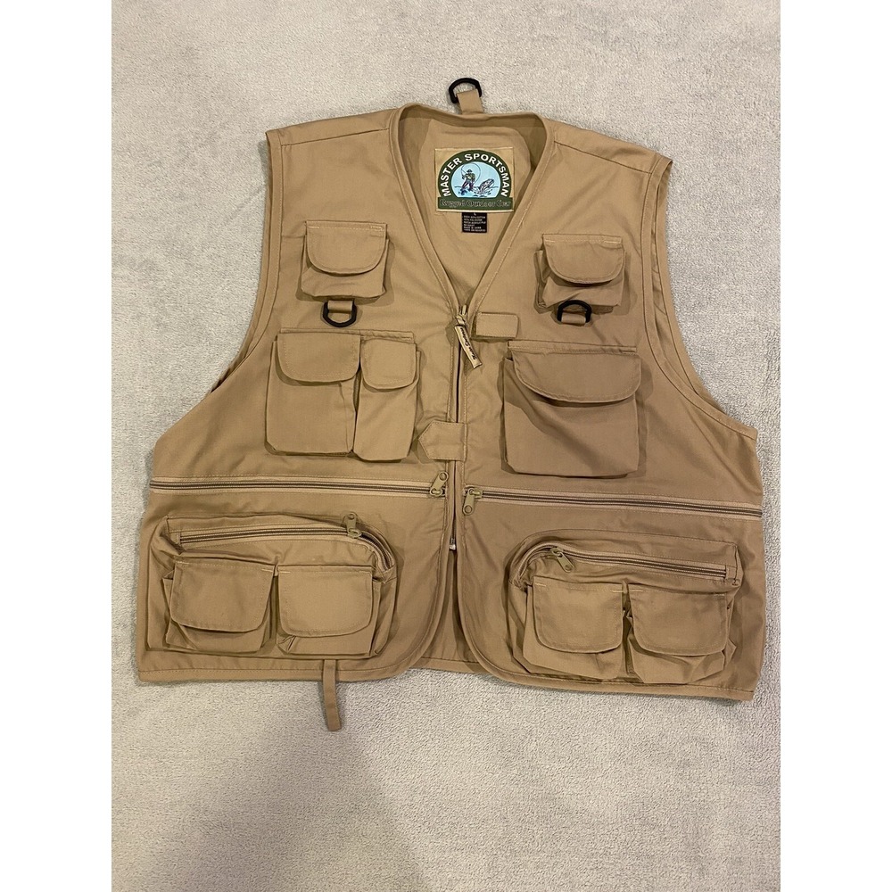 Vintage Master Sportsman Fly Fishing Vest Large Tan Beige Zippered Pockets